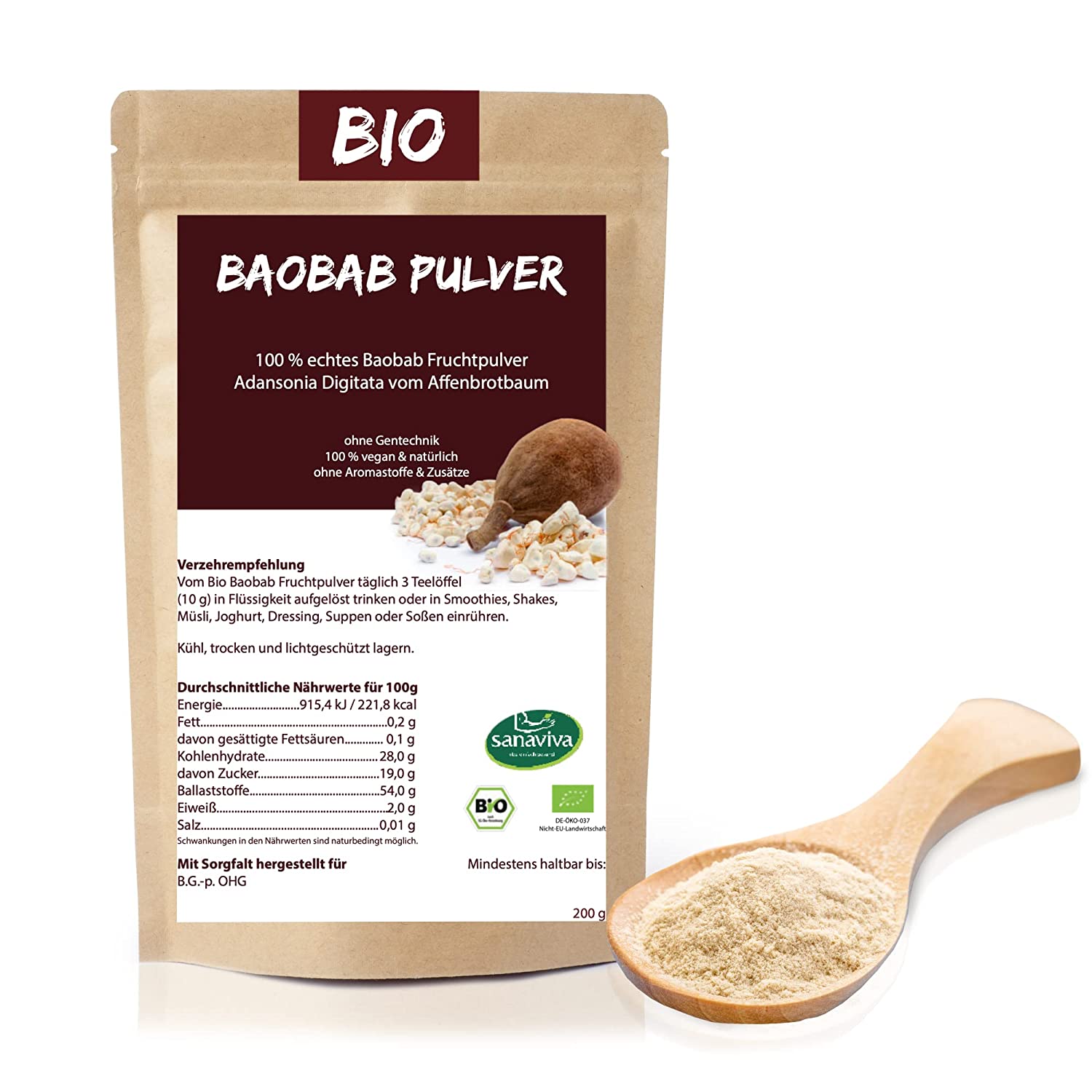Baobab Bio Pulver sanaviva veganes Superfood - reines Naturpulver reich an Antioxidantien und Ballaststoffen